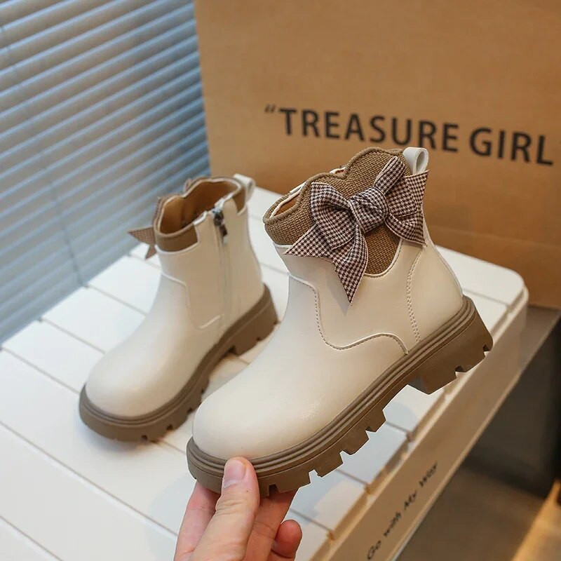 Lastele Mood Tüdrukute Saapad Mitmekülgsed Võre Bow PU Lastesaapad Hingavad Lihtsad Libisemiskindlad Pruunid Must Beežid Printsessikingad