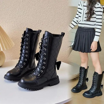 Детски високи ботуши 2023 Зимни нови универсални меки черни британски стил Сладки момичета Модни рицарски ботуши Дишащи ботуши за сняг