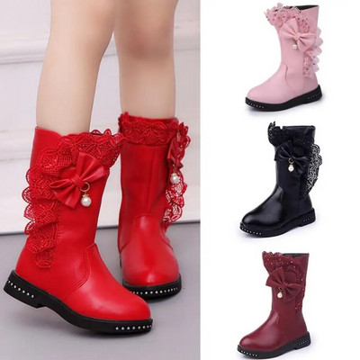 Autumn Kids single boots children`s snow boots winter warm girls boots Leather fashion princess boots plus velvet lace bow shoes