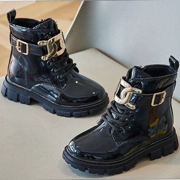 Детска мода Ботуши за глезени за момичета Вериги 2023 Детски ежедневни обувки Гланцови неплъзгащи се Универсални прости обувки със страничен цип Подиумни обувки PU