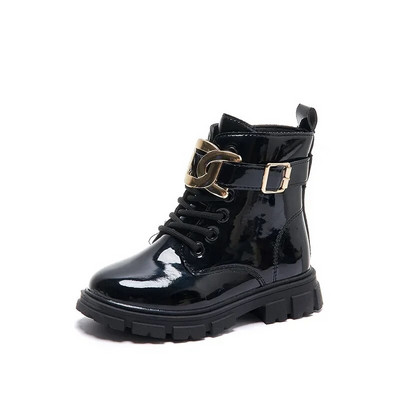 Детска мода Ботуши за глезени за момичета Вериги 2023 Детски ежедневни обувки Гланцови неплъзгащи се Универсални прости обувки със страничен цип Подиумни обувки PU