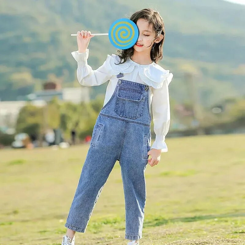 Vaikiški laisvi vientisai džinsiniai kombinezonai dideli vaikiški vasariniai kombinezonai kelnės Mergaičių korėjietiško stiliaus kelnaitės džinsai