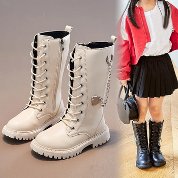 Κοριτσίστικες μπότες μέχρι το γόνατο Χειμερινές μπότες για παιδιά Μπεζ μεταλλική αλυσίδα επίπεδες αντιολισθητικές μπότες για κορίτσια Princess ψηλές μπότες Bottes Chelsea