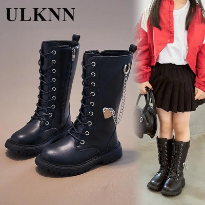 Girls Knee-High Boots Winter Boots For Kids  Beige Metal Chain Flat Non-slip Boots Girl Princess High Boots  Bottes Chelsea