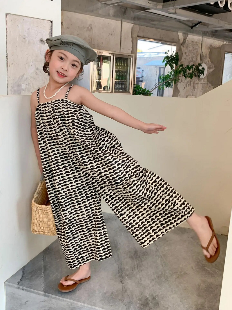 5610C vaikiškas kombinezonas, vasara, 2023 m. Nauji korėjietiški mergaičių kelnaitės plačiomis kojelėmis Kombinezonai laisvalaikio laisvi vientisi drabužiai