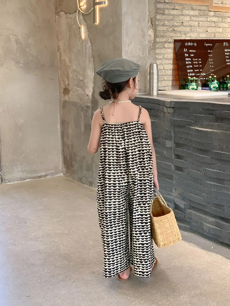 5610C vaikiškas kombinezonas, vasara, 2023 m. Nauji korėjietiški mergaičių kelnaitės plačiomis kojelėmis Kombinezonai laisvalaikio laisvi vientisi drabužiai