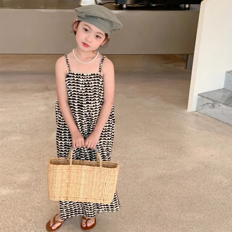 5610C vaikiškas kombinezonas, vasara, 2023 m. Nauji korėjietiški mergaičių kelnaitės plačiomis kojelėmis Kombinezonai laisvalaikio laisvi vientisi drabužiai