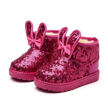 2023 Нови момичета Снежни ботуши Зайче с пайети Сладко зимно топло бебе принцеса Обувки за малки момичета Неплъзгащи се модни детски обувки Семпли