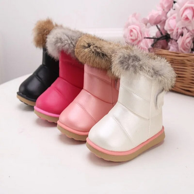 Autumn Winter New Snow Boots for Girls Solid Warm Children`s Shoes Pu Leather Waterproof Non-slip Ankle Boots Baby Cotton Shoes