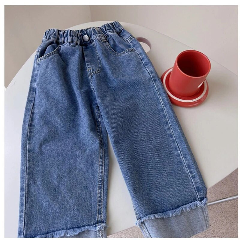Srednje male dječje traperice širokih nogavica Udobne traperice s elastičnim strukom Proljeće Jesen Traperice Ležerne široke hlače za djevojčice Hlače za sve vrste