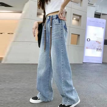 Еластични дънкови панталони с висока талия за момичета в корейска версия Пролет Есен Нови детски дънки Бебешко момиче Винтидж ежедневни широки панталони