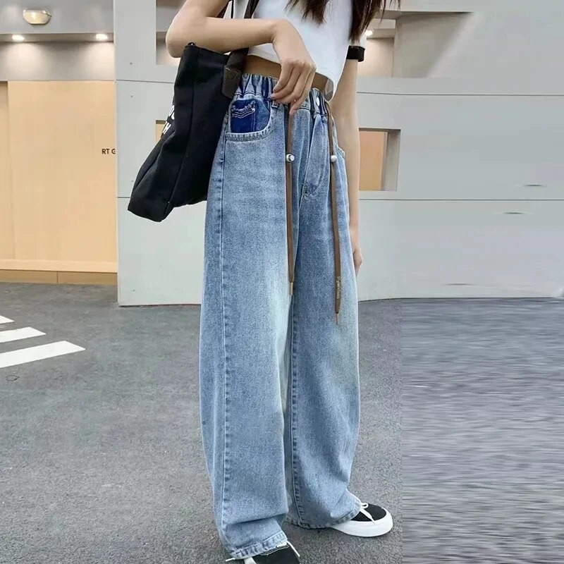 Korėjietiška versija mergaičių aukštu juosmeniu elastinės džinsinės kelnės Pavasaris Ruduo Nauji Vaikiški Džinsai Mergaitei Vintažinės laisvalaikio laisvos kelnės