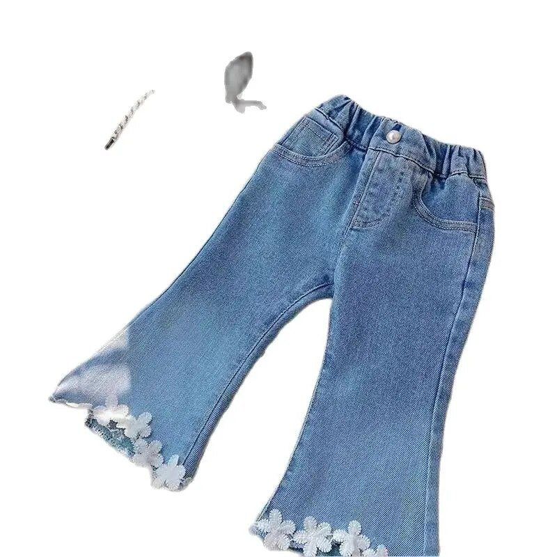 Moodsad tüdrukute laienevad püksid ühevärvilised teksad Beebi tüdrukud püksid Korea versioon lahtised vabaaja laste teksad