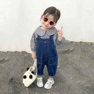 Kombinezonai kūdikiams Kelnės berniukams Mergaičių kelnės 1-3,5 metų vaikiškos vientisos kelnaitės Laisvos versijos mergaičių džinsiniai kombinezonai