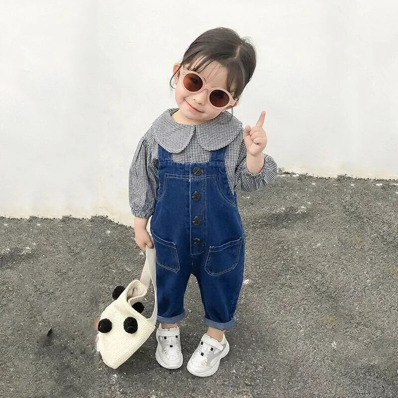 Kombinezonai kūdikiams Kelnės berniukams Mergaičių kelnės 1-3,5 metų vaikiškos vientisos kelnaitės Laisvos versijos mergaičių džinsiniai kombinezonai