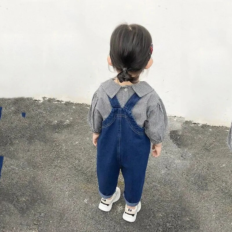 Kombinezonai kūdikiams Kelnės berniukams Mergaičių kelnės 1-3,5 metų vaikiškos vientisos kelnaitės Laisvos versijos mergaičių džinsiniai kombinezonai