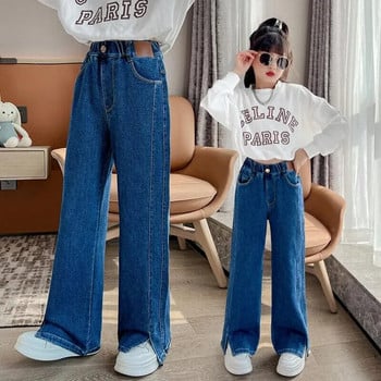 Пролетна есенна мода Детски свободни ежедневни дънки с разделени крака Дълги панталони Модерни момичета Памучен материал Висока талия