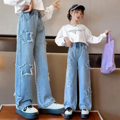 Tüdrukute kevadhooaja sirged õhukesed vabaaja pikad püksid, keskmised-suured lapsed, tähtteksad, püksid, puuvillane materjal, pehme puudutusega