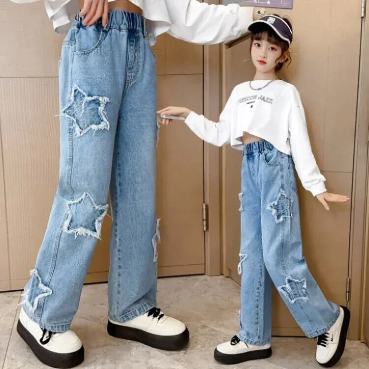 Tüdrukute kevadhooaja sirged õhukesed vabaaja pikad püksid, keskmised-suured lapsed, tähtteksad, püksid, puuvillane materjal, pehme puudutusega