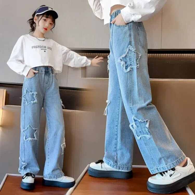 Tüdrukute kevadhooaja sirged õhukesed vabaaja pikad püksid, keskmised-suured lapsed, tähtteksad, püksid, puuvillane materjal, pehme puudutusega