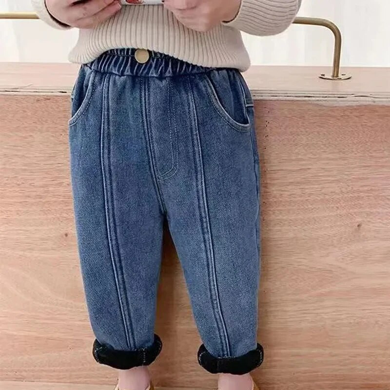 Φθινοπωρινό Χειμωνιάτικο Παχύ Παντελόνι Ζεστό Παιδικό Τζιν Αγόρια Κοριτσίστικα Τζιν Παντελόνι Λούτρινη Εσωτερική Τζιν Τζιν Ελαστική Μέση Τζιν Παντελόνι