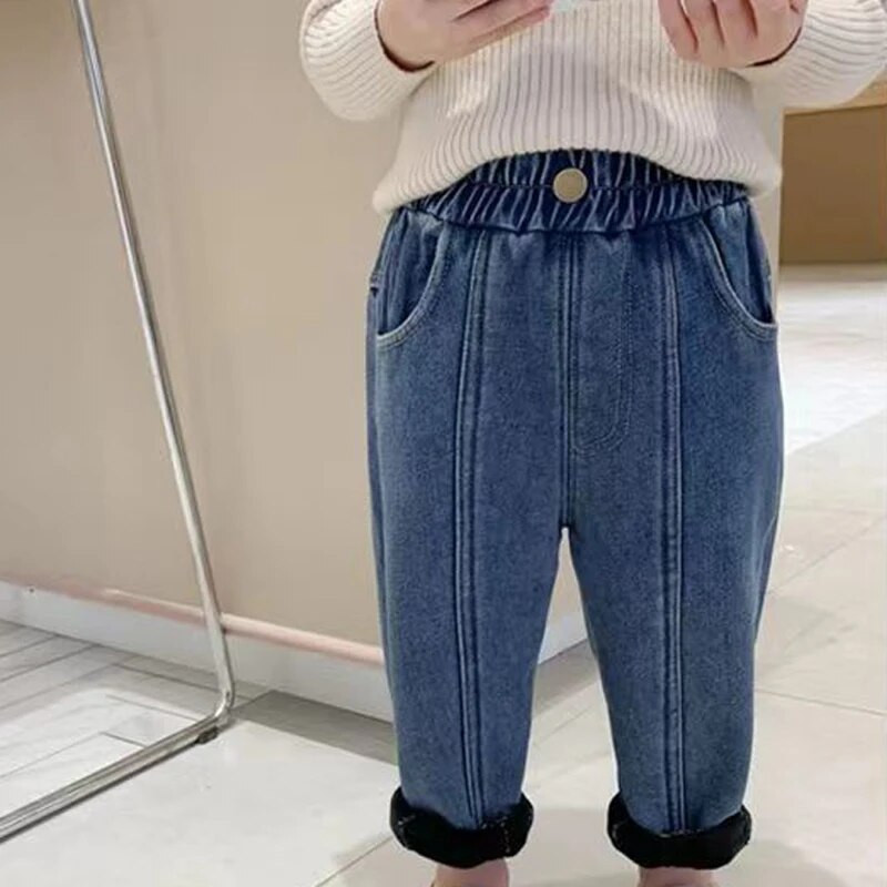 Φθινοπωρινό Χειμωνιάτικο Παχύ Παντελόνι Ζεστό Παιδικό Τζιν Αγόρια Κοριτσίστικα Τζιν Παντελόνι Λούτρινη Εσωτερική Τζιν Τζιν Ελαστική Μέση Τζιν Παντελόνι