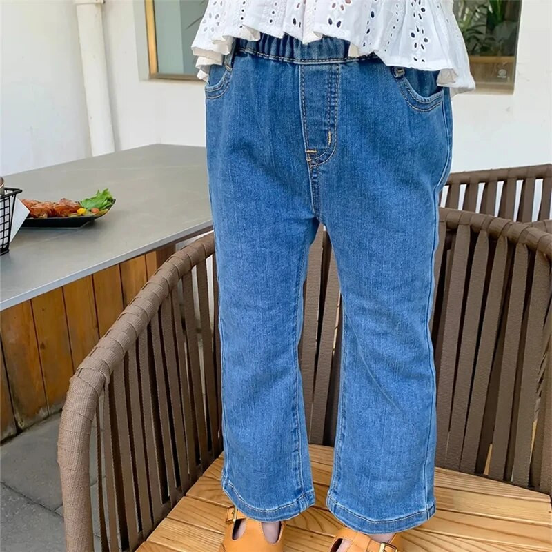 Moodsad tüdrukud kõrge vöökohaga teksapüksid laialivalguvad püksid laste kevadsügis uued pealisrõivad püksid tüdrukutele kõrge elastsed õhukesed teksad