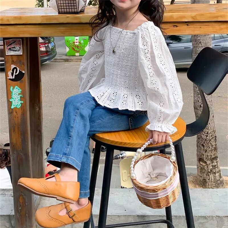 Moodsad tüdrukud kõrge vöökohaga teksapüksid laialivalguvad püksid laste kevadsügis uued pealisrõivad püksid tüdrukutele kõrge elastsed õhukesed teksad