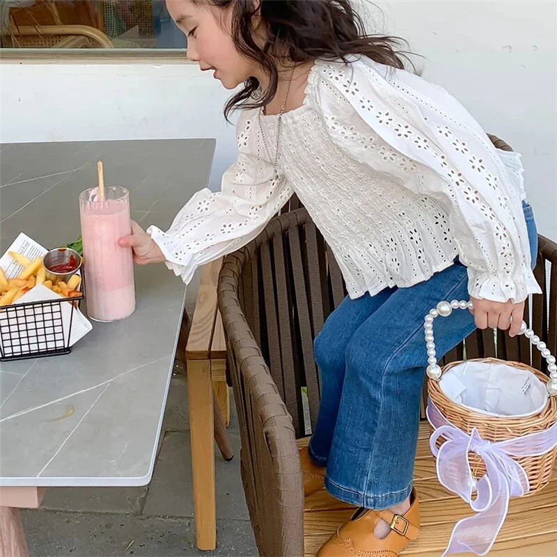 Moodsad tüdrukud kõrge vöökohaga teksapüksid laialivalguvad püksid laste kevadsügis uued pealisrõivad püksid tüdrukutele kõrge elastsed õhukesed teksad