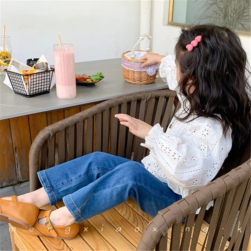 Moodsad tüdrukud kõrge vöökohaga teksapüksid laialivalguvad püksid laste kevadsügis uued pealisrõivad püksid tüdrukutele kõrge elastsed õhukesed teksad