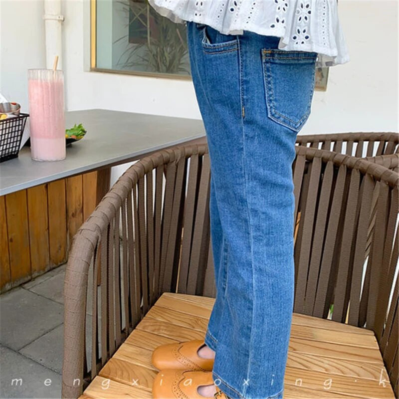 Moodsad tüdrukud kõrge vöökohaga teksapüksid laialivalguvad püksid laste kevadsügis uued pealisrõivad püksid tüdrukutele kõrge elastsed õhukesed teksad