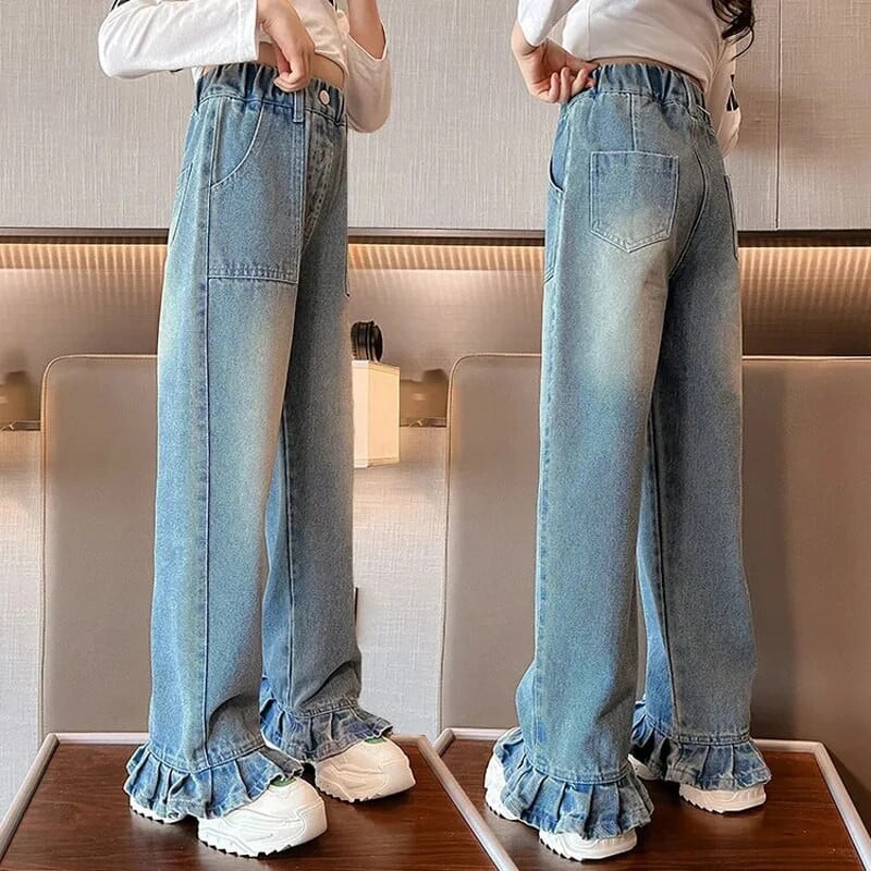 Korėjietiško stiliaus laisvalaikio plačios kelnės pavasario rudens vaikiški džinsai mergaitiškos džinsinės kelnės Laisvos džinsai elastinės juosmens džinsinės kelnės