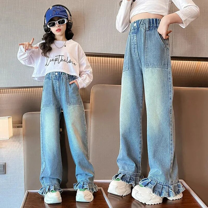 Korėjietiško stiliaus laisvalaikio plačios kelnės pavasario rudens vaikiški džinsai mergaitiškos džinsinės kelnės Laisvos džinsai elastinės juosmens džinsinės kelnės