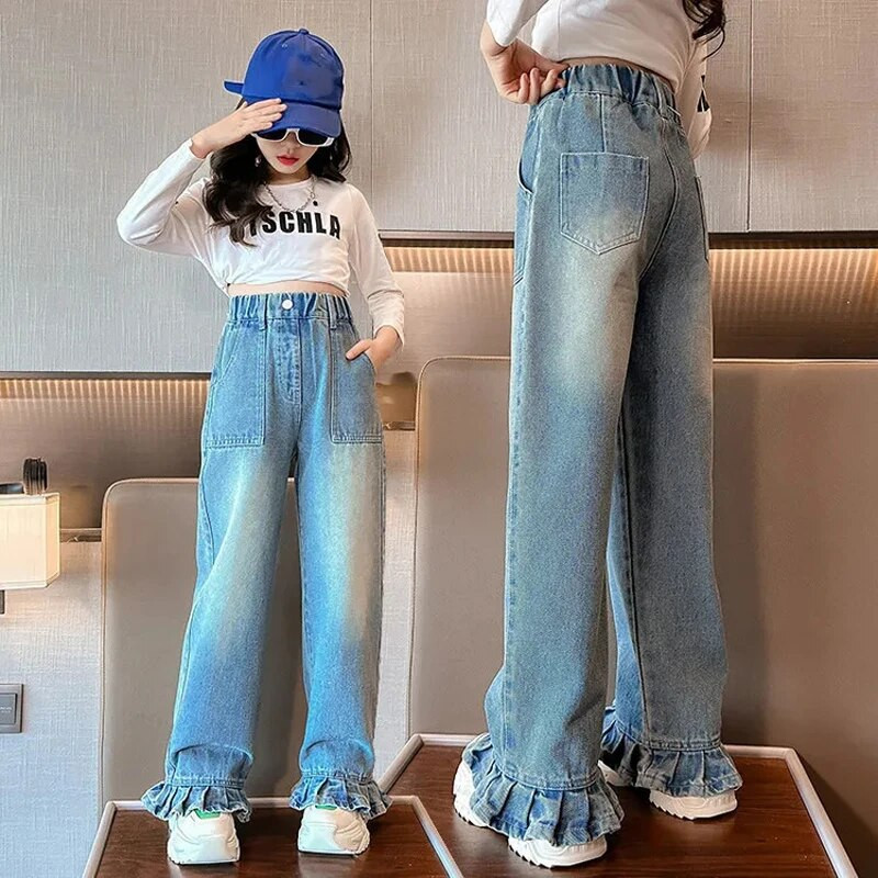 Korėjietiško stiliaus laisvalaikio plačios kelnės pavasario rudens vaikiški džinsai mergaitiškos džinsinės kelnės Laisvos džinsai elastinės juosmens džinsinės kelnės