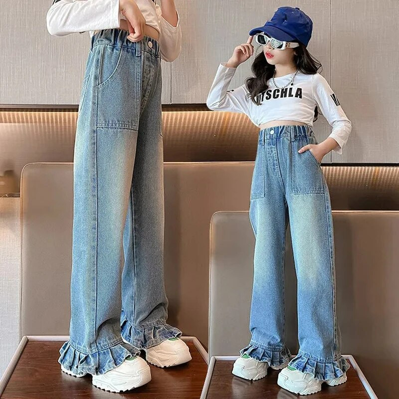Korėjietiško stiliaus laisvalaikio plačios kelnės pavasario rudens vaikiški džinsai mergaitiškos džinsinės kelnės Laisvos džinsai elastinės juosmens džinsinės kelnės