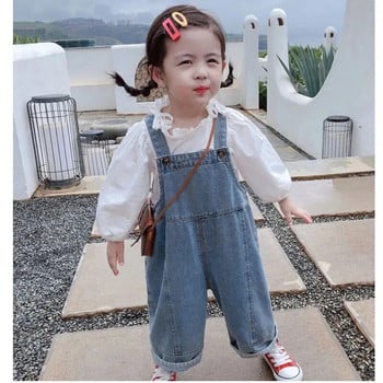 Модни дънкови гащеризони за бебета Ежедневни свободни панталони в корейски стил Едноцветни панталони с тиранти Лято Пролет Бебешки дрехи Панталони за момиче