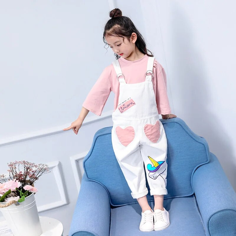 Καλοκαιρινό παντελόνι για κορίτσια Λευκή σαλιάρα Ολόσωμη τζιν Ολόσωμη φόρμα καινούργια βρεφικά κοριτσίστικα καρτούν μπάλωμα τιράντες Άνετα Παιδικά Ρούχα Ρόμπερ