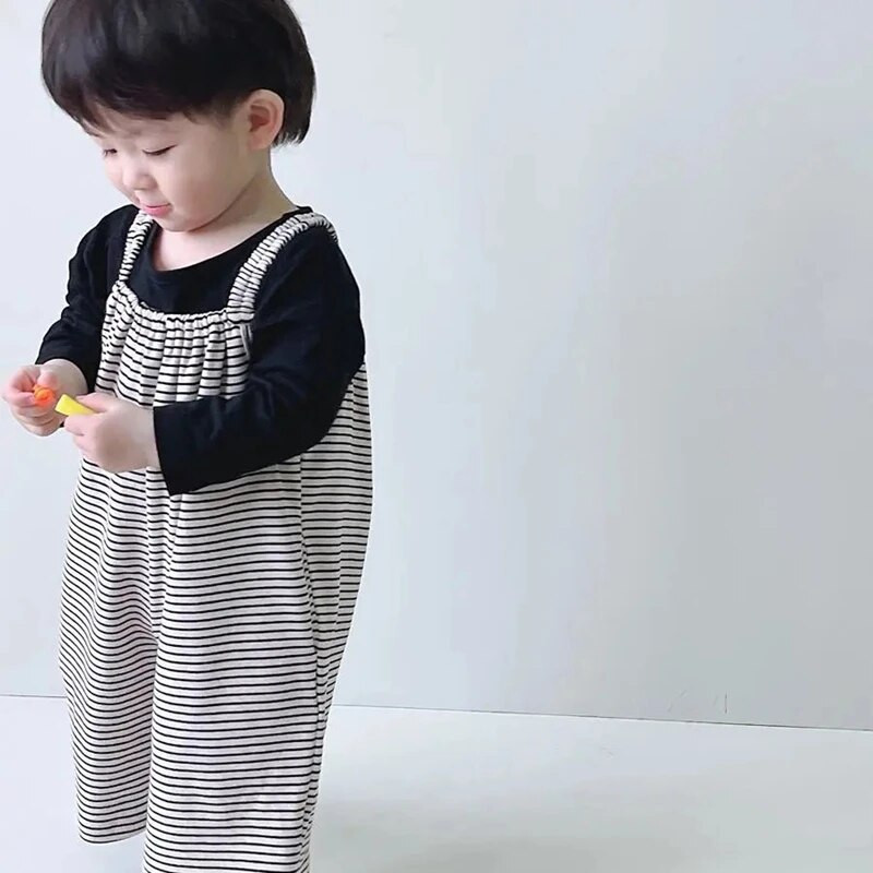 Laste musta valge triibulise mustriga kombinesoonid poisid tüdrukud, laia säärega kombinesoonid kevad-sügis välismaise maitsega välimine püksid