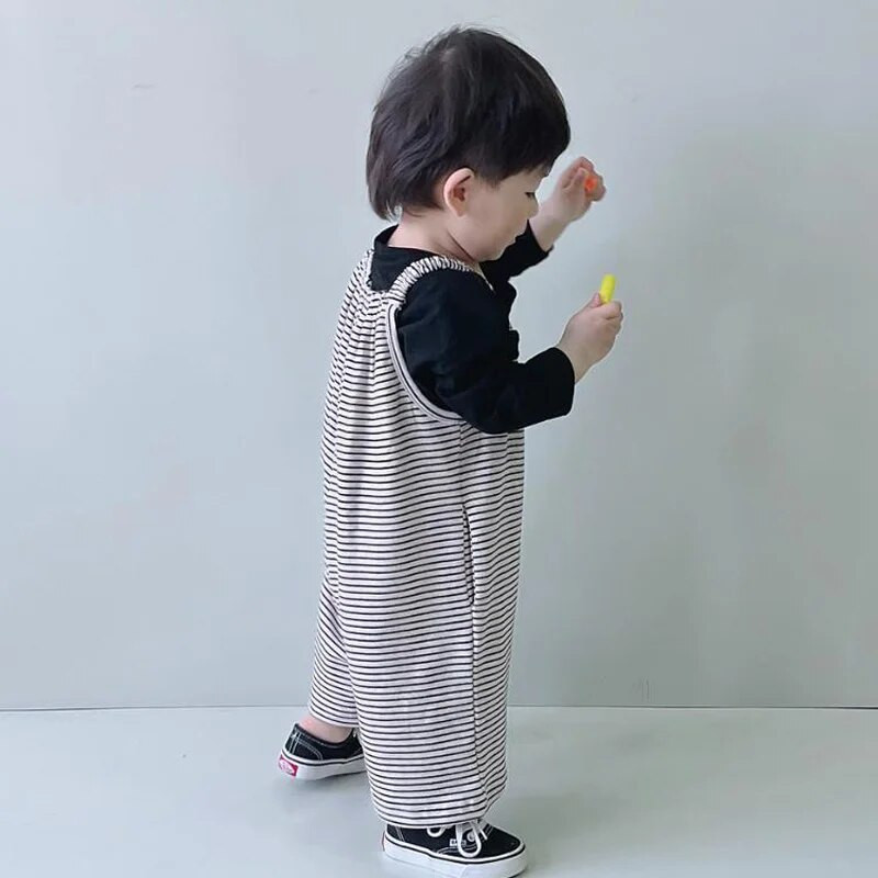 Laste musta valge triibulise mustriga kombinesoonid poisid tüdrukud, laia säärega kombinesoonid kevad-sügis välismaise maitsega välimine püksid