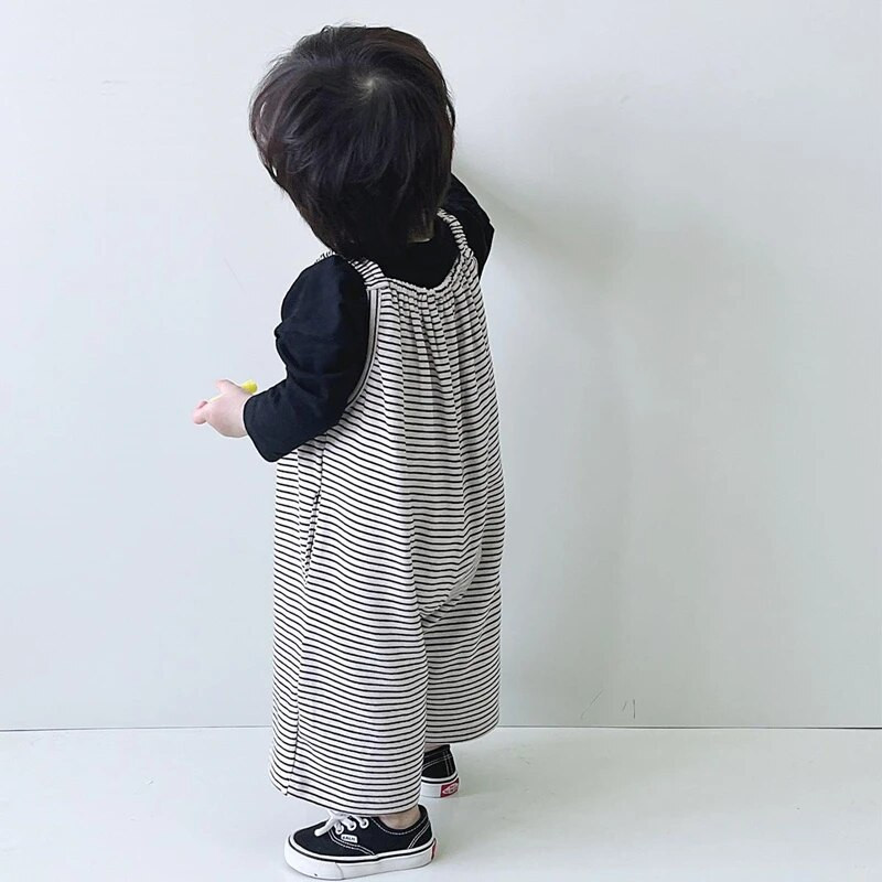 Laste musta valge triibulise mustriga kombinesoonid poisid tüdrukud, laia säärega kombinesoonid kevad-sügis välismaise maitsega välimine püksid