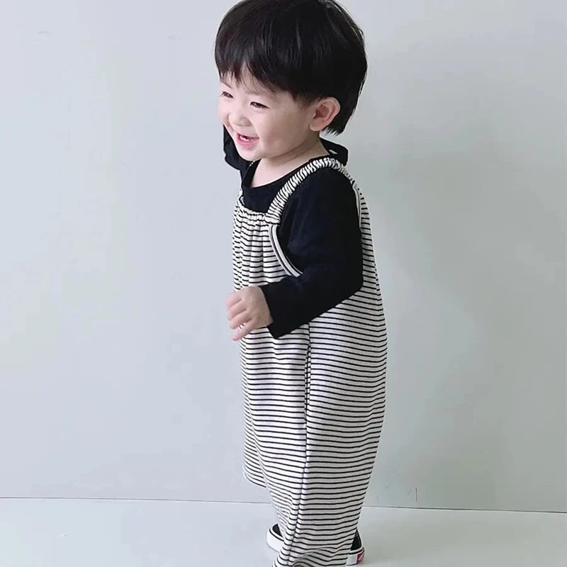 Laste musta valge triibulise mustriga kombinesoonid poisid tüdrukud, laia säärega kombinesoonid kevad-sügis välismaise maitsega välimine püksid