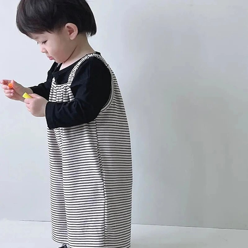 Laste musta valge triibulise mustriga kombinesoonid poisid tüdrukud, laia säärega kombinesoonid kevad-sügis välismaise maitsega välimine püksid