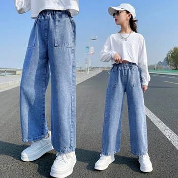 Нови дънки в ежедневен стил за момичета Тийнейджърски дрехи Еластични дънкови широки панталони с висока талия Пролетни големи детски прави панталони 5-14 г.
