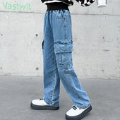 Teismeliste tüdrukute vabaaja teksad, moodsad korea stiilis laia säärega teksapüksid kõrge vöökohaga püksid kooli igapäevaseks kandmiseks