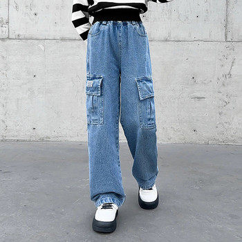 Тийнейджъри Момичета Ежедневни карго дънки Модни корейски стил Дънкови панталони с широки крачоли Панталони с висока талия за Streetwear Училищно ежедневно облекло