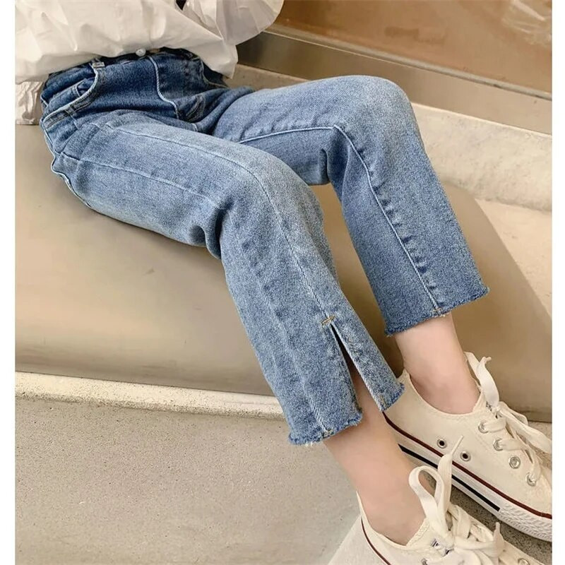 Tavaszi őszi új gyermek rugalmas, hasított, kiszélesedő nadrágok lányoknak, alkalmi, minden egyezésű farmernadrág gyermek felsőruházat divatos nadrág