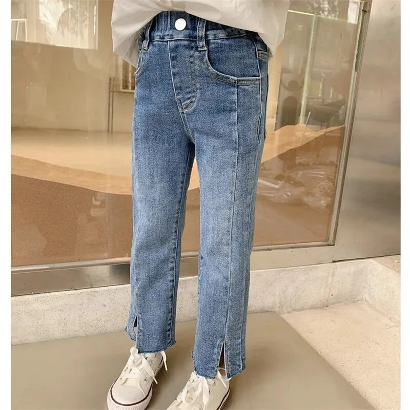 Tavaszi őszi új gyermek rugalmas, hasított, kiszélesedő nadrágok lányoknak, alkalmi, minden egyezésű farmernadrág gyermek felsőruházat divatos nadrág