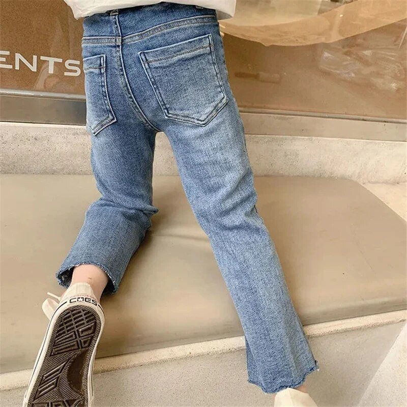 Tavaszi őszi új gyermek rugalmas, hasított, kiszélesedő nadrágok lányoknak, alkalmi, minden egyezésű farmernadrág gyermek felsőruházat divatos nadrág