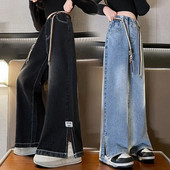 Teismeliste kevadsügisene laste teksapüksid lahtised teksapüksid suurtele tüdrukutele Laia säärega lastele vabaaja teismeliste kõrge vöökoht 2-värvilised püksid 5-14 a.