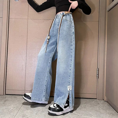 Teismeliste kevadsügisene laste teksapüksid lahtised teksapüksid suurtele tüdrukutele Laia säärega lastele vabaaja teismeliste kõrge vöökoht 2-värvilised püksid 5-14 a.